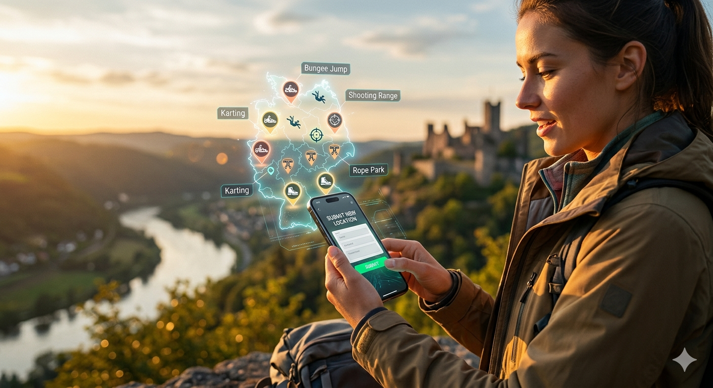 Eine Person, die ein Smartphone verwendet, um einen neuen Standort auf einer interaktiven Abenteuerkarte von Deutschland einzureichen.