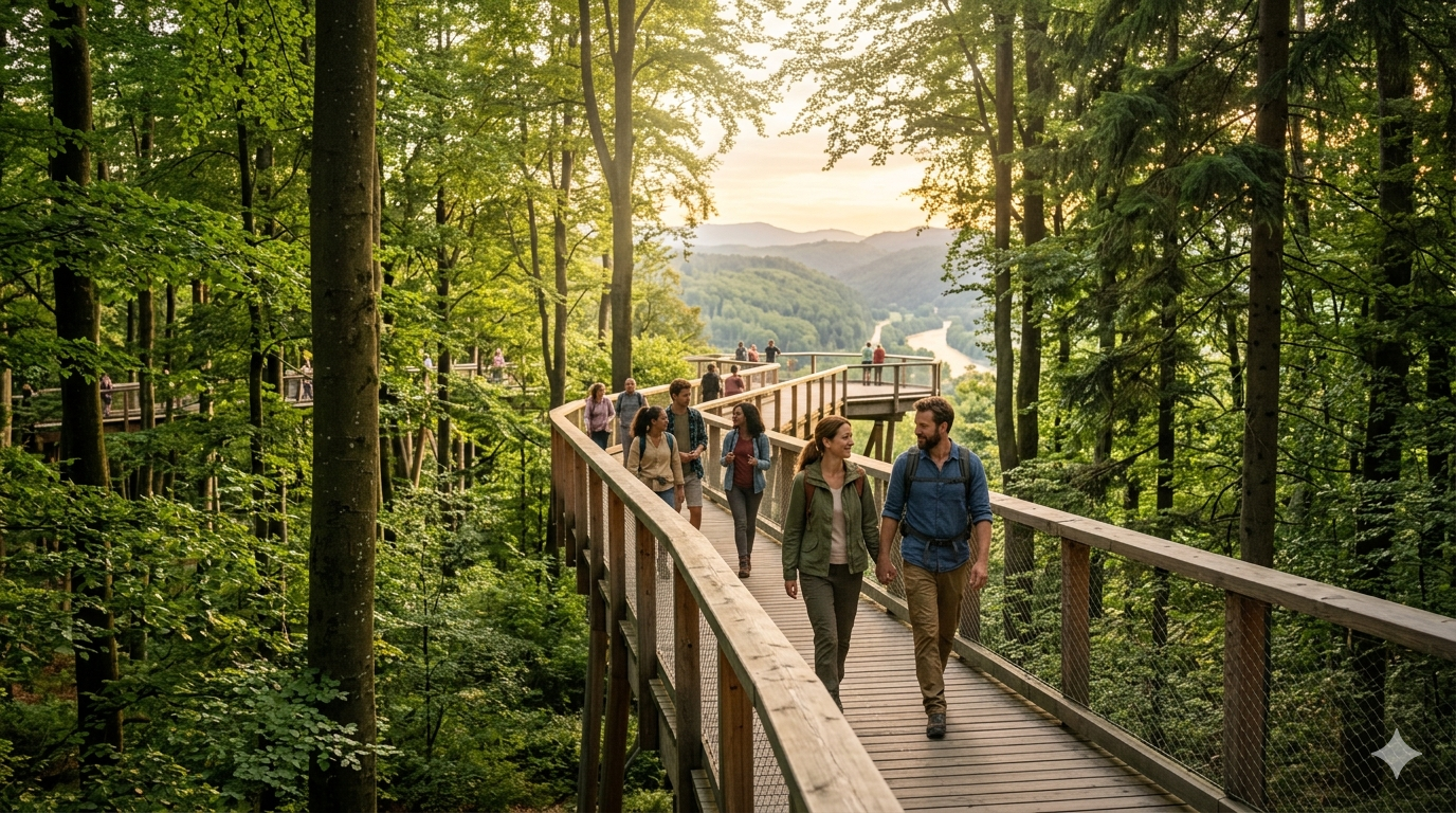 Menschen, die Outdoor-Erlebnisse in der Natur in deutschen Wäldern und Bergen genießen
