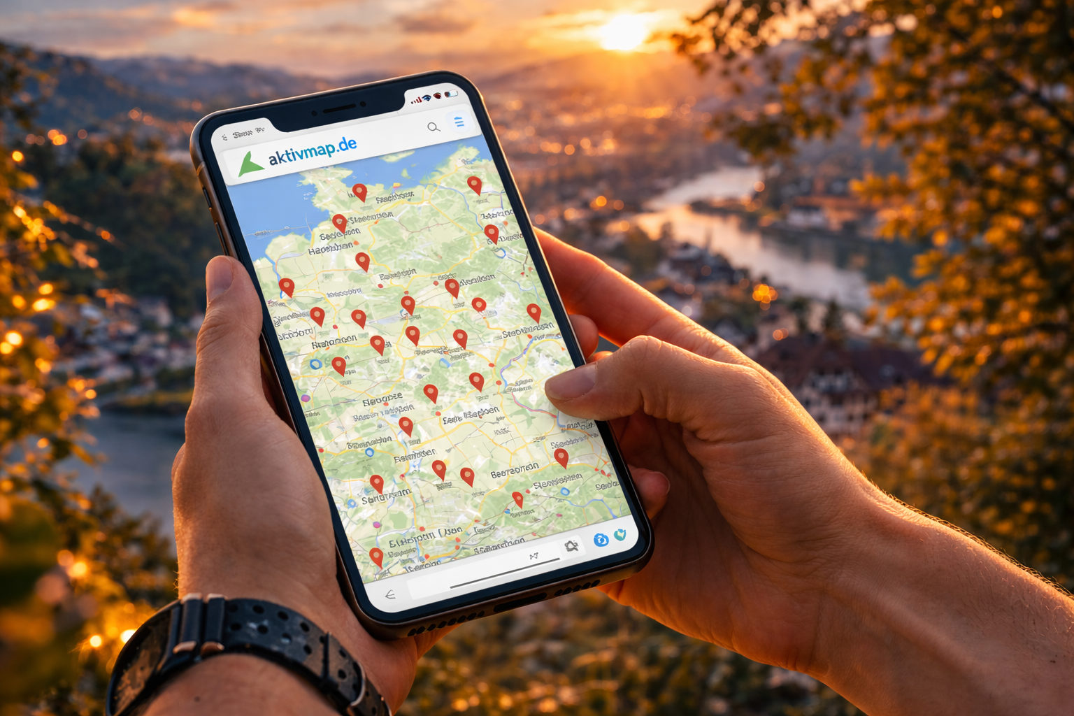 Eine Person, die ein Smartphone verwendet, um einen neuen Standort auf einer interaktiven Abenteuerkarte von Deutschland einzureichen.